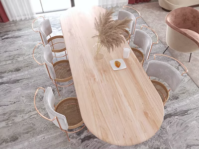 Elegant Restaurant Dining Area With Wooden Oval Table Metal Frame Woven Chairs And Vase Decor 3d model