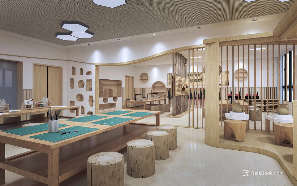 School Creative Classroom Interior With Wooden Tables Log Stools Open Layout And Ceiling Lights 3d model