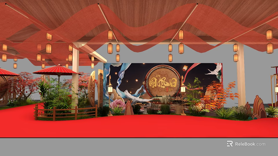 Traditional Chinese Tobacco And Liquor Store With Red Curtains Lanterns Blessing Decor Red Carpet And Greenery 3d model 