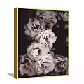 Botanical Painting of Purple and White Roses with Gold Frame on Beige Wall