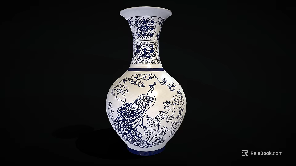 Blue and White Porcelain Vase with Peacock and Floral Patterns Traditional Chinese Decorative Art Piece 3d model 
