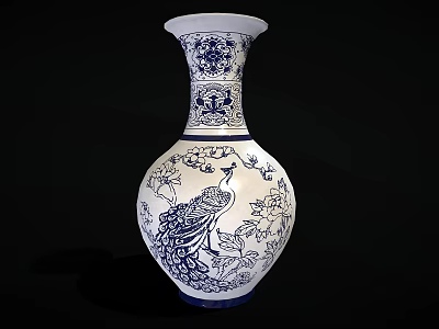 Blue and White Porcelain Vase with Peacock and Floral Patterns Traditional Chinese Decorative Art Piece 3d model