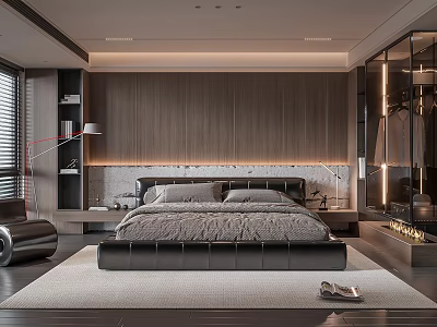 Modern Bedroom Interior Design With Wooden Wall Paneling Large Bed Soft Lighting And Area Rug 3d model