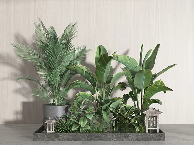 Decorative Bonsai Potted Plants Display With Lush Green Foliage And Small Lanterns On Tray 3d model