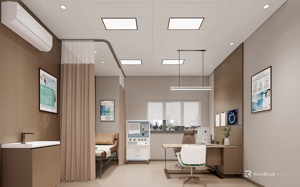 Modern Hospital Outpatient Clinic Interior With Patient Bed Desk Medical Equipment Window And Curtains 3d model 