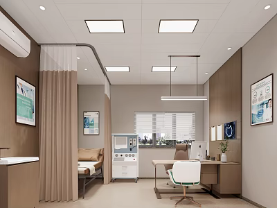 Modern Hospital Outpatient Clinic Interior With Patient Bed Desk Medical Equipment Window And Curtains 3d model