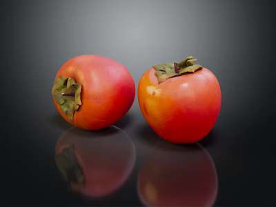 Two Fresh Persimmons With Green Calyx On Black Reflective Surface 3d model