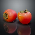 Two Fresh Persimmons With Green Calyx On Black Reflective Surface