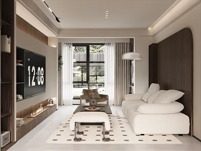 Modern Living Room Interior Design With White Sofa Floor-to-Ceiling Windows Coffee Table And Patterned Rug 3d model