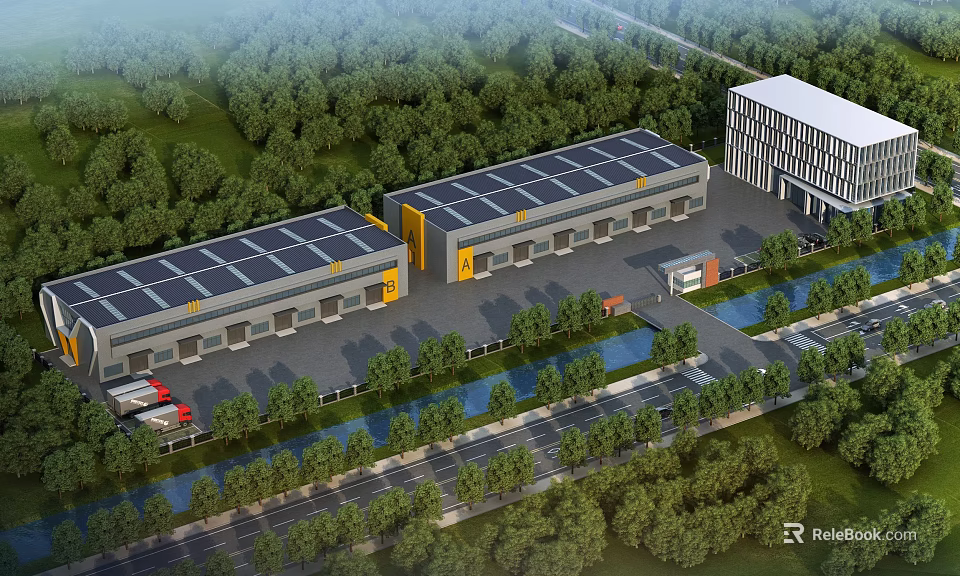 Modern Industrial Factory With Solar Panels On Roof Surrounded By Green Trees And Vegetation 3d model 