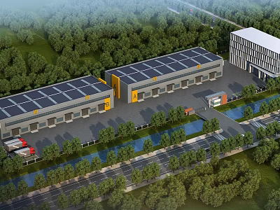 Modern Industrial Factory With Solar Panels On Roof Surrounded By Green Trees And Vegetation 3d model