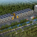 Modern Industrial Factory With Solar Panels On Roof Surrounded By Green Trees And Vegetation