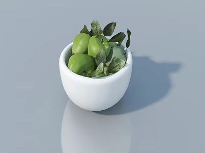 Fresh Green Apples in White Ceramic Bowl with Fresh Green Leaves 3d model