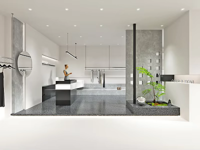 Modern Clothing Store Interior With Reception Counter Display Racks And Green Plant 3d model