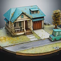 Cute Cartoon Miniature Scene with Blue Roof House Green Car and Yellow Leaf Tree