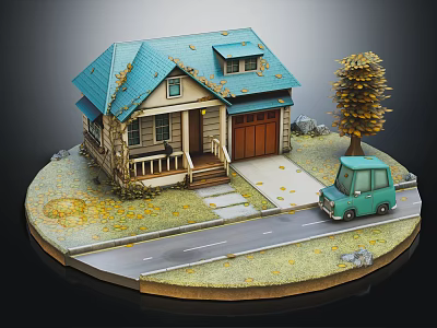 Cute Cartoon Miniature Scene with Blue Roof House Green Car and Yellow Leaf Tree 3d model