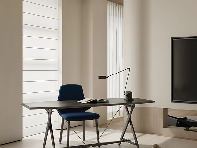 Modern Study Room Interior With Desk Blue Chair Table Lamp Book Window Blinds And TV 3d model