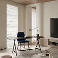 Modern Study Room Interior With Desk Blue Chair Table Lamp Book Window Blinds And TV