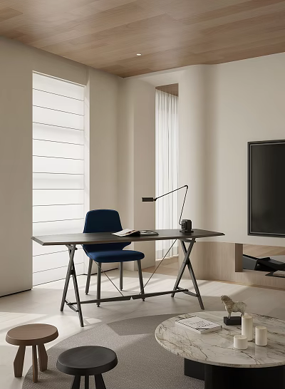 Modern Study Room Interior With Desk Blue Chair Table Lamp Book Window Blinds And TV 3d model