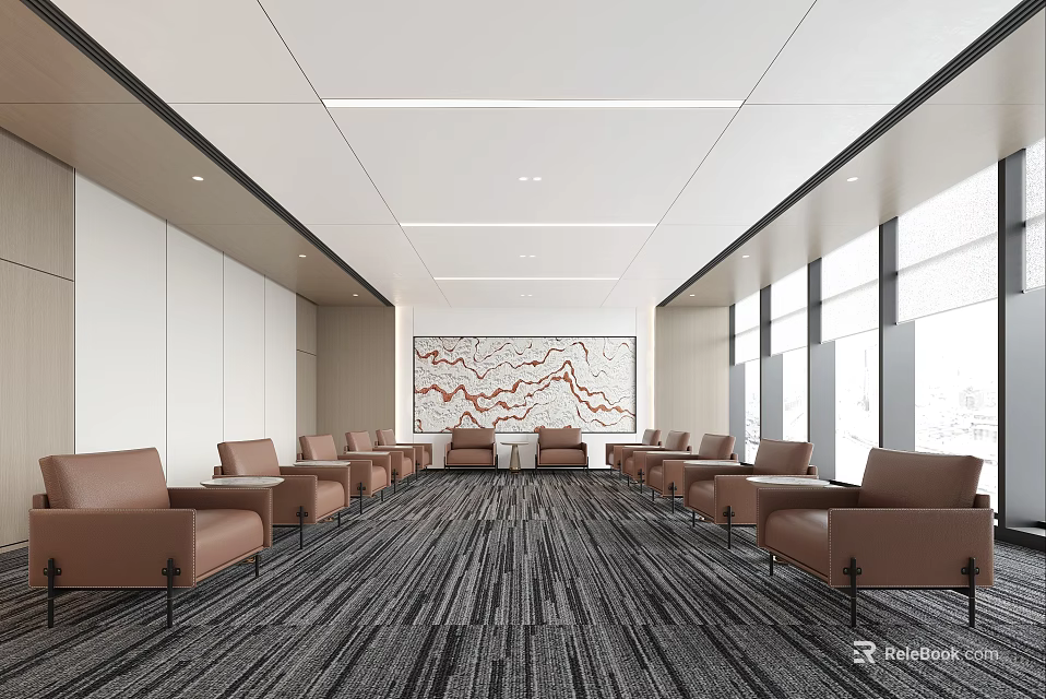 Conference Room Featuring Brown Leather Armchairs Gray Striped Carpet Large Decorative Painting And Large Windows 3d model 