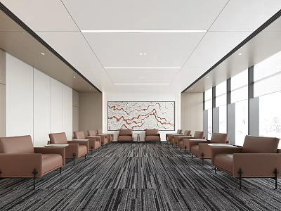 Conference Room Featuring Brown Leather Armchairs Gray Striped Carpet Large Decorative Painting And Large Windows 3d model