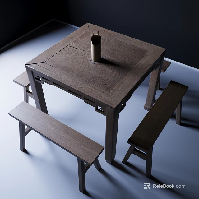 Simple Style Wooden Square Dining Table Set With Two Benches And Cylindrical Container 3d model