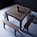 Simple Style Wooden Square Dining Table Set With Two Benches And Cylindrical Container 3d model