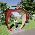 Scenic Garden Landscape With Apple Shaped Arch Red Frame Green Leaves And Girl In Grass