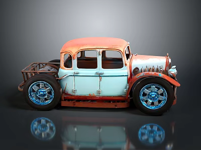 Vintage Custom Rusty Car with Orange Roof Light Blue Body Blue Wheels and Reflection 3d model