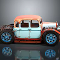 Vintage Custom Rusty Car with Orange Roof Light Blue Body Blue Wheels and Reflection