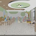 Kindergarten Classroom with Colorful Fences Wooden Tables Chairs Green Ceiling and Large Windows