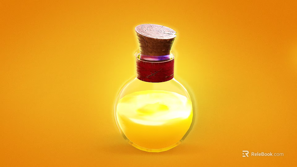 Medical Device Glass Bottle with Yellow Liquid Cork Stopper and Red Ring on Orange Background 3d model 