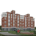 Modern Red And White Residential Building Exterior With Green Lawns And Trees