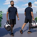 Man Walking Outdoor In Navy Blue T Shirt Black Shorts With Sports Bag