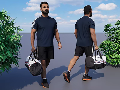 Man Walking Outdoor In Navy Blue T Shirt Black Shorts With Sports Bag 3d model