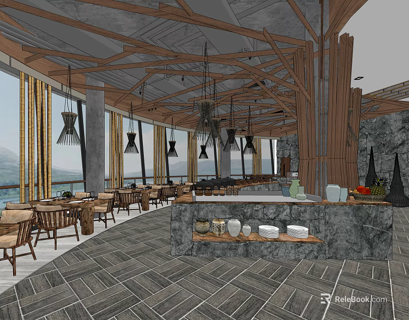 Scenic Sea View Restaurant Interior With Wooden Ceiling Pendant Lights And Marble Counter 3d model 