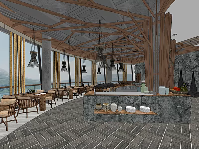 Scenic Sea View Restaurant Interior With Wooden Ceiling Pendant Lights And Marble Counter 3d model