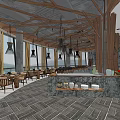 Scenic Sea View Restaurant Interior With Wooden Ceiling Pendant Lights And Marble Counter