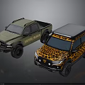 Military Green Blazer Force Truck And Orange Leopard Print SUV With Gray Roof