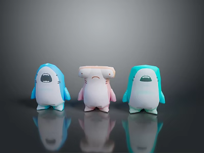 Cartoon Shark Plush Toys In Different Colors Standing With Reflection On Black Surface 3d model