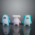 Cartoon Shark Plush Toys In Different Colors Standing With Reflection On Black Surface