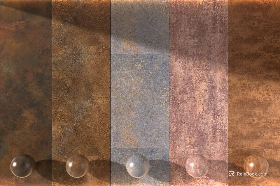 Multiple Wall Panels with Various Colors and Different Textures Displayed with Spheres Below 3d model 