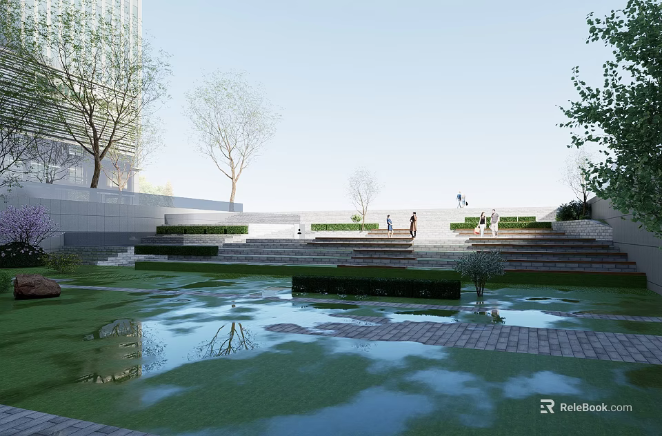 Contemporary Garden Landscape With Terraced Steps Water Ponds And Green Plant Reflections 3d model 