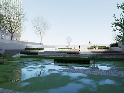 Contemporary Garden Landscape With Terraced Steps Water Ponds And Green Plant Reflections 3d model