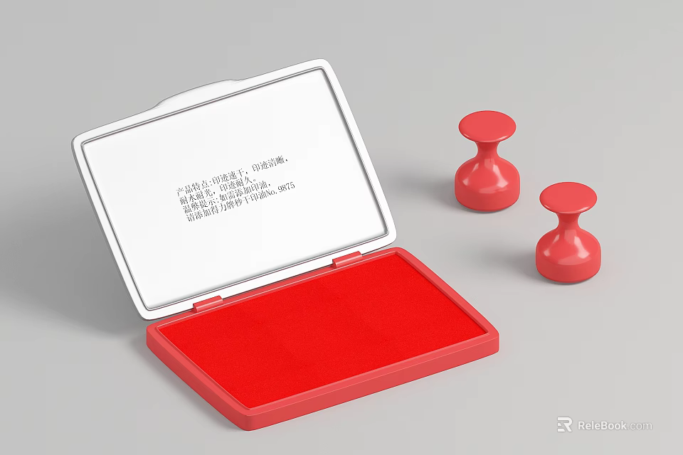 Open Red Ink Pad Box With Red Ink And Two Red Stamps 3d model 