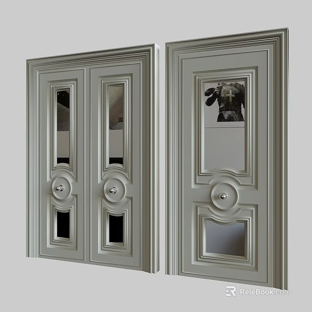 Elegant Light Gray Double Doors With Decorative Glass Panels And Round Knobs 3d model