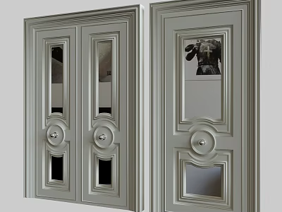 Elegant Light Gray Double Doors With Decorative Glass Panels And Round Knobs 3d model