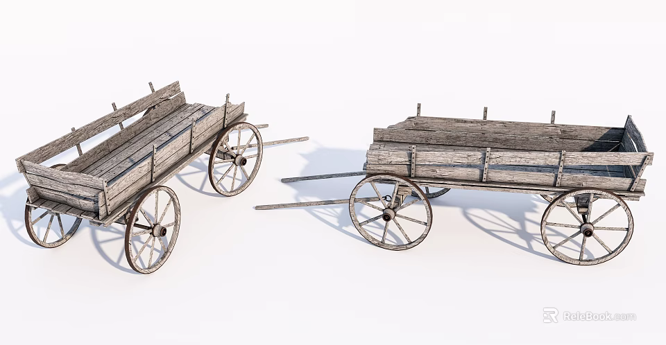 Pair Of Vintage Wooden Wagons With Spoked Wheels And Open Carts 3d model 