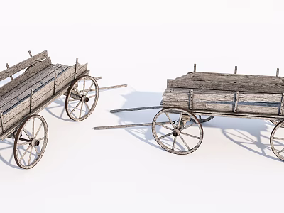 Pair Of Vintage Wooden Wagons With Spoked Wheels And Open Carts 3d model