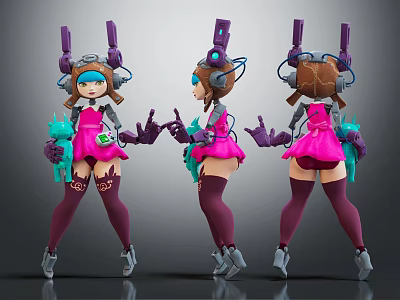 3D Character Wearing Pink Dress Purple Stockings Mechanical Headgear Holding Weapons Three Angles View 3d model